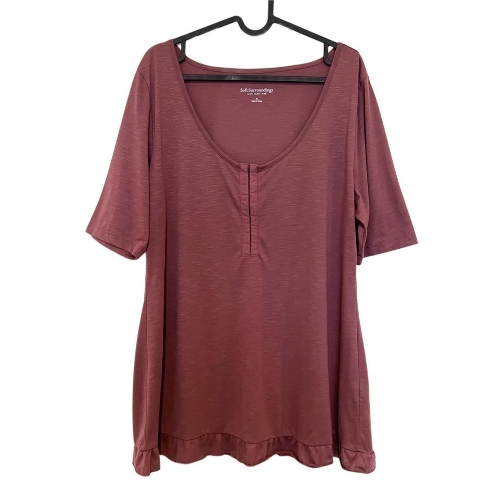 Soft Surroundings Mauve Scoop Neck Ruffle Trim Hook Eye Closure Blouse Size XL